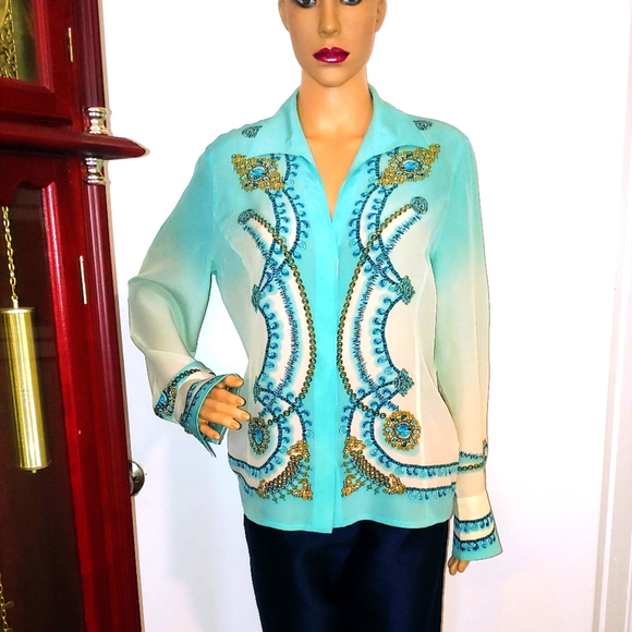 Escada Tops - SOLD! ESCADA 36 6 SILK TEAL WHITE GOLD SCROLL SIGNATURE BUTTONS
